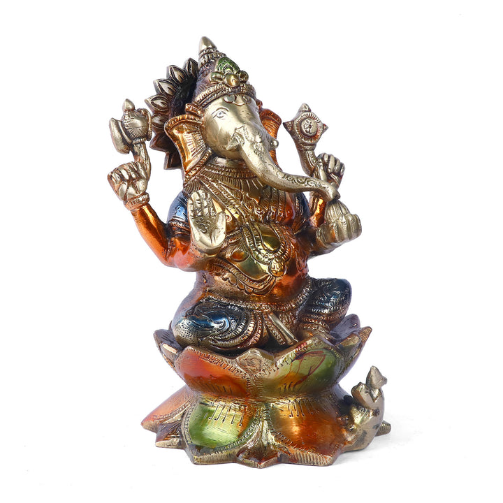 Laxmi Ganesh colorful Murti, which is constructed of virgin-quality brass for persistent use, is a symbol of successful marriages, happiness, and tranquility in relationships. Handmade items created by Indian artisans using contemporary design. Ideal as a gift for an anniversary, wedding, reception, office party, housewarming, home inauguration, or as a farewell present.
