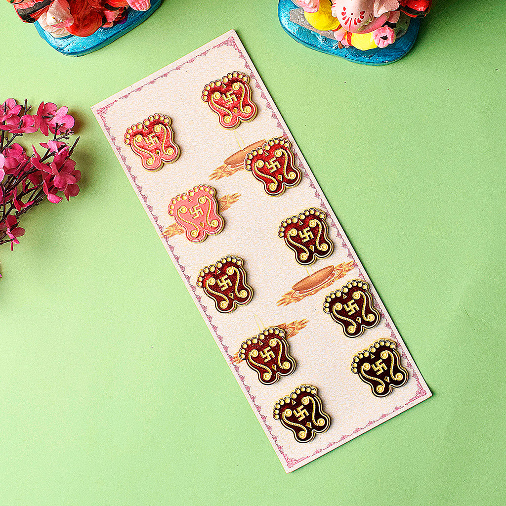 Laxmi Charan sticker symbolizing the footsteps of Goddess Laxmi, designed to attract wealth, prosperity, and divine blessings when placed at home or in the pooja room. India’s Largest Pooja Accessories Brand – www.satvikstore.in 