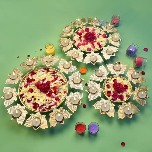 Lotus Petals Shape Metal Urli with Tea Light (Pack of 3) – Set of three metal urli designed with lotus petals, each featuring a tea light holder for elegant and spiritual home decoration. India’s Largest Pooja Accessories Brand – www.satvikstore.in