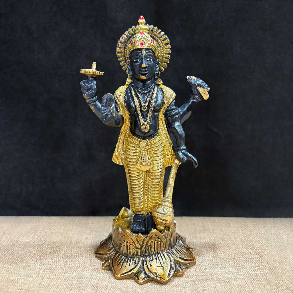 7 Inch Majestic Lord Vishnu Ji Statue, beautifully crafted in brass, representing divine protection, blessings, and serenity—perfect for home temples and spiritual decor. No.1 Brass Idol Store www.satvikstore.in 