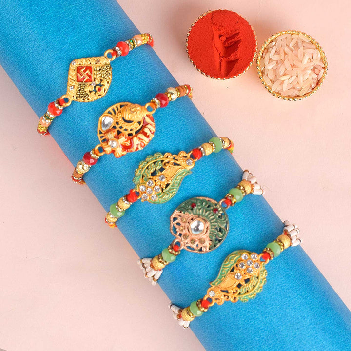 Set of 5 Designer Rakhi Threads with Roli Chawal and Ram Sita Stickers for Raksha Bandhan Celebration. India’s Largest Pooja Accessories Brand - www.satvikstore.in