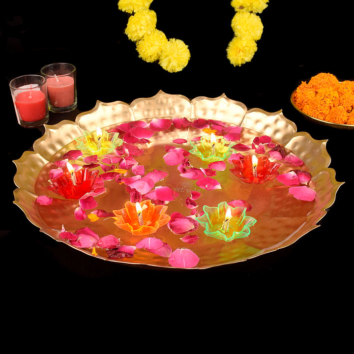 Metal Lotus Shape Urli for Decor with Floating Diya – Elegant lotus-shaped metal urli featuring a floating diya, perfect for spiritual and festive home decor. India’s Largest Pooja Accessories Brand – www.satvikstore.in