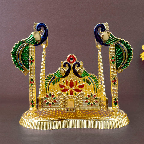 Peacock-themed graceful Laddu Gopal Jhula with intricate design, ideal for Bal Gopal idol placement during pooja or Janmashtami festivities. India’s Largest Pooja Accessories Brand – www.satvikstore.in








