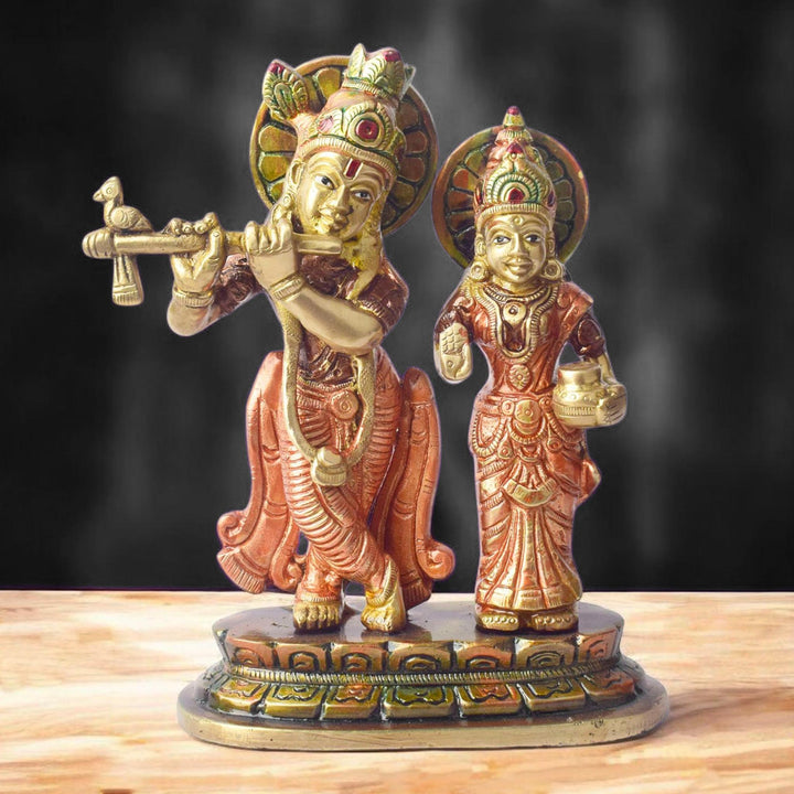  The 6.7 Inch The Divine Duo – Radha Krishna Idol of Sacred Love beautifully captures the eternal bond between Radha and Krishna, embodying the essence of divine love and spiritual connection. This intricately crafted idol depicts Radha and Krishna in a timeless and serene pose, with Krishna playing his flute and Radha standing gracefully by his side. 