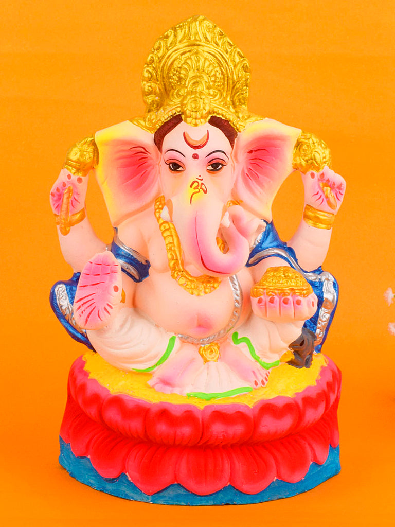 Graceful 10.6-inch Pitambara Ganesha idol crafted from eco-friendly clay, adorned with a vibrant yellow dhoti and serene expression. India’s Largest Pooja Accessories Brand – www.satvikstore.in

