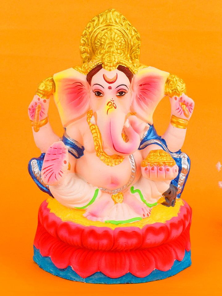 Graceful 10.6-inch Pitambara Ganesha idol crafted from eco-friendly clay, adorned with a vibrant yellow dhoti and serene expression. India’s Largest Pooja Accessories Brand – www.satvikstore.in

