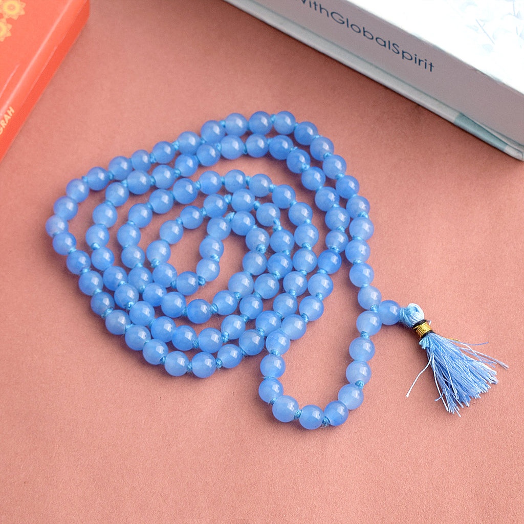 Premium Hakik Jap Mala with Blue Calcite Beads – A Spiritual Meditation Mala for Calmness, Communication, and Emotional Healing. India’s Premium Hakik Jap Mala Store - www.satvikstore.in
