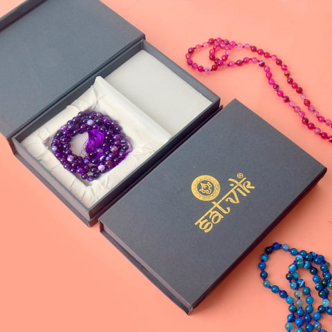 Premium Hakik Jap Mala with Crystal Violet Amethyst & Blue Lace Agate – A Spiritual Meditation Beads Mala for Intuition, Clarity & Healing. India’s Premium Hakik Jap Mala Store - www.satvikstore.in
