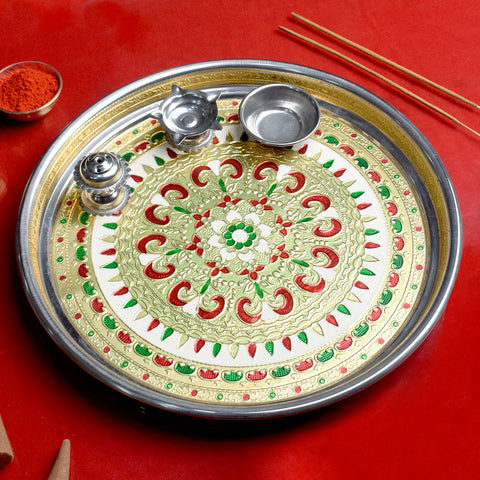 Printed stainless steel aarti plate set with traditional Hindu motifs, perfect for pooja rituals and festive offerings India’s Largest Pooja Accessories Brand – www.satvikstore.in

 