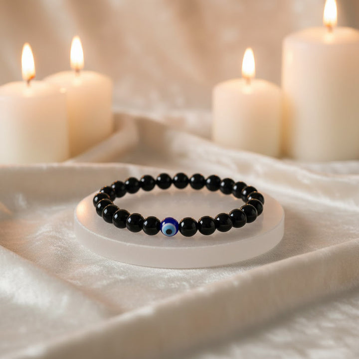 black obsidian evil eye bracelet round selenite crystal charging plate protection cleansing combo. India’s Largest Puja Accessories Brand- www.satvikstore.in