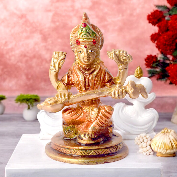 3.7 Inch Exquisite Handcrafted Brass Saraswati Idol – Perfect for Home Temple, Study Space, and Spiritual Gifting. No.1 Brass Idol Store www.satvikstore.in 
