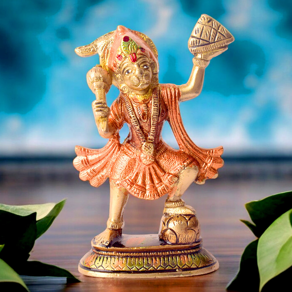 5.5 Inch Radiant Colored Brass Sanjivani Hanuman Idol, beautifully crafted with vibrant colors, symbolizing strength, devotion, and healing – perfect for spiritual worship, home temple, and devotional gifting. No.1 Brass Idol Store www.satvikstore.in 