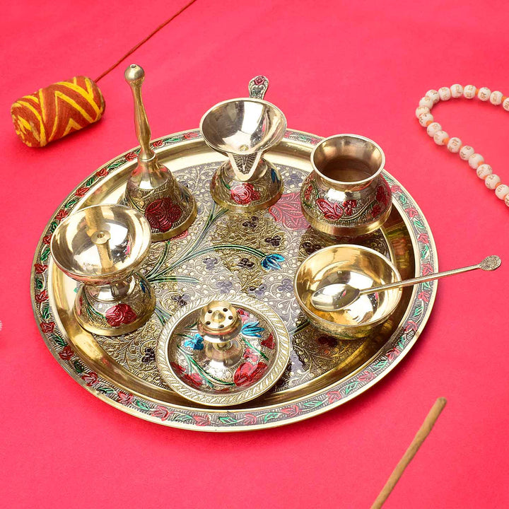 Ravishing 8 Pc Brass Puja Thali Set with Premium Velvet Box, featuring elegantly crafted brass pooja items stored in a luxurious velvet case, perfect for religious rituals and ceremonial use. 
India’s Largest Pooja Accessories Brand – www.satvikstore.in 