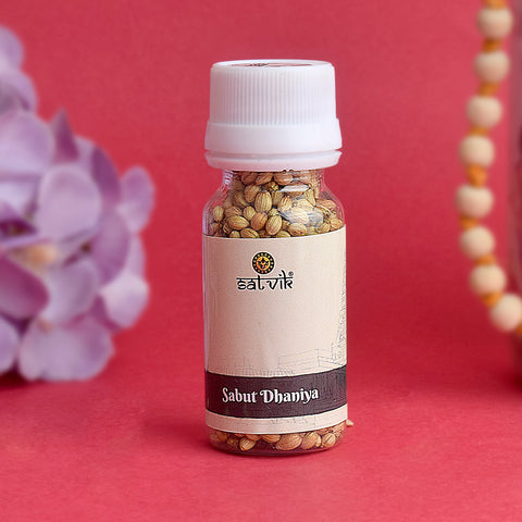 Sabut Dhaniya (Whole Coriander Seeds) are commonly used in Hindu pooja rituals and havan ceremonies, offering fragrance and spiritual energy – India’s Largest Pooja Accessories Brand – www.satvikstore.in