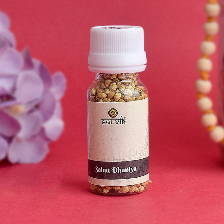 Sabut Dhaniya (Whole Coriander Seeds) are commonly used in Hindu pooja rituals and havan ceremonies, offering fragrance and spiritual energy – India’s Largest Pooja Accessories Brand – www.satvikstore.in