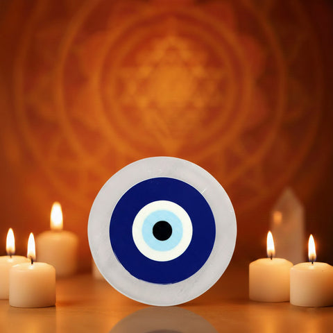 Natural salenite plate with evil eye engraving for energy cleansing. India’s Largest Puja Accessories Brand- www.satvikstore.in