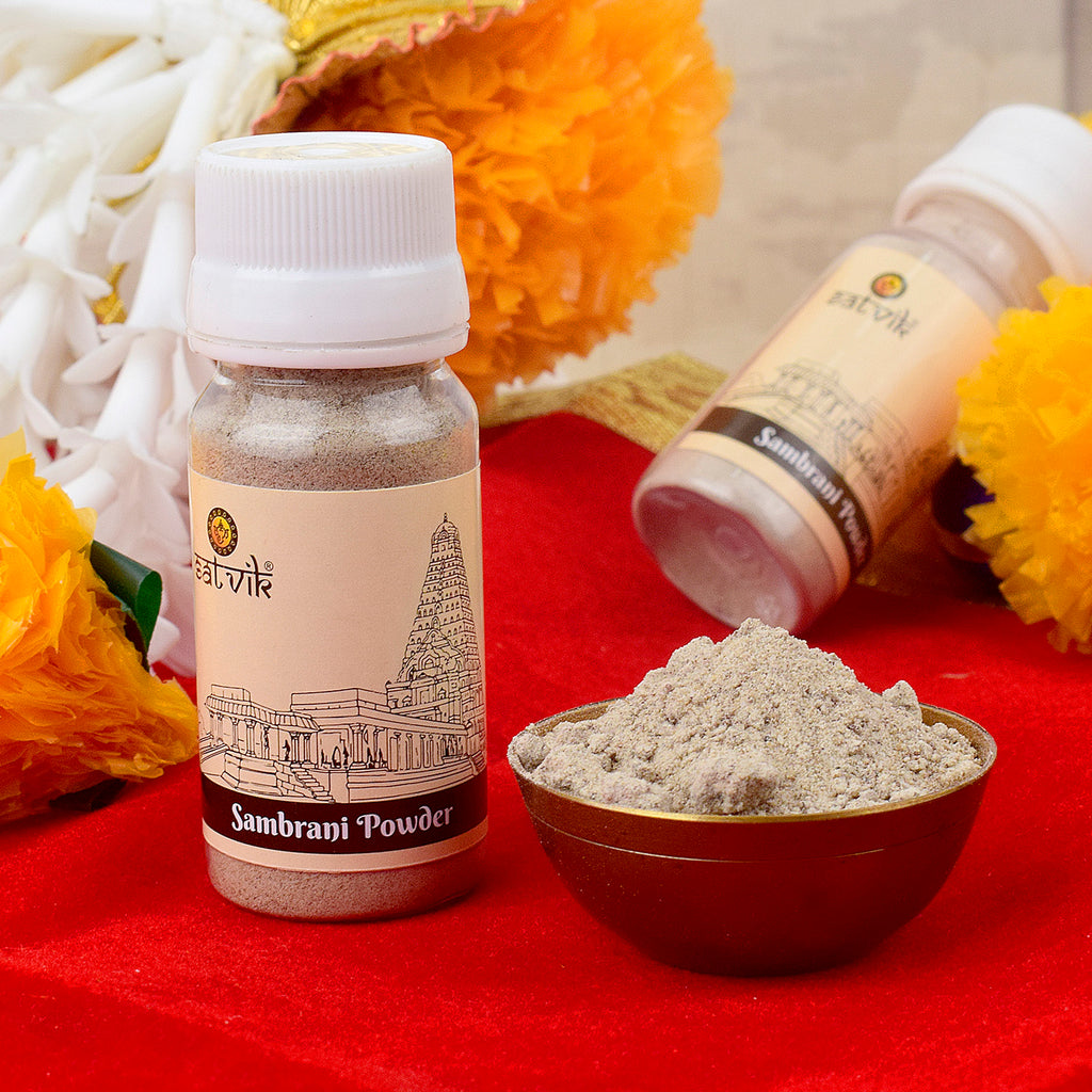 Samrani Powder for Spiritual and Aromatic Use (30 gm), perfect for religious rituals and creating a calming, aromatic atmosphere during pooja and meditation – India’s Largest Pooja Accessories Brand – www.satvikstore.in