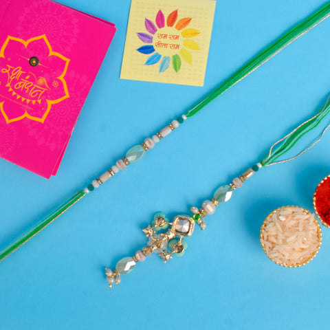 Designer Couple Rakhi Set for Bhaiya and Bhabhi with Roli Chawal and Ram Sita Stickers – Raksha Bandhan Gift Combo. India’s Largest Brass Idols Brand - www.satvikstore.in