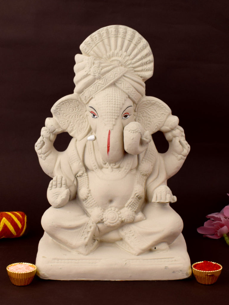 10.6 Inch Sarvadevatman eco-friendly Ganesha idol with traditional pagdi, handcrafted from natural shadu mati for Ganesh Chaturthi celebrations. India’s Largest Pooja Accessories Brand – www.satvikstore.in