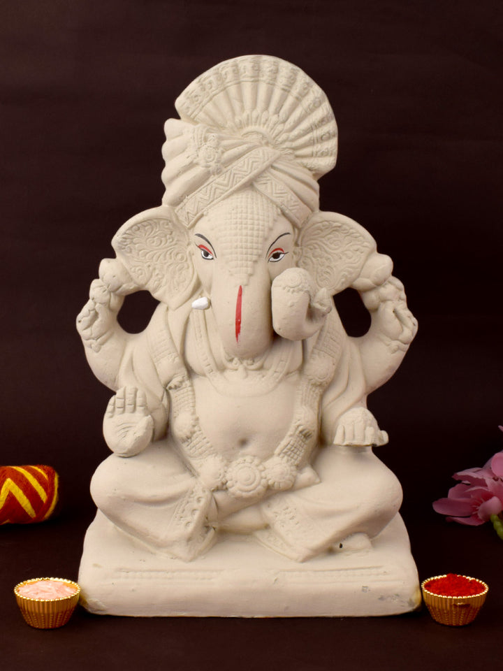10.6 Inch Sarvadevatman eco-friendly Ganesha idol with traditional pagdi, handcrafted from natural shadu mati for Ganesh Chaturthi celebrations. India’s Largest Pooja Accessories Brand – www.satvikstore.in