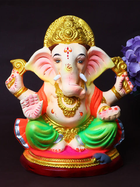 9-inch Skandapurvaja eco-friendly Ganesha idol handcrafted from shadu mati, seated in a calm posture with elegant detailing, ideal for visarjan. India’s Largest Pooja Accessories Brand – www.satvikstore.in