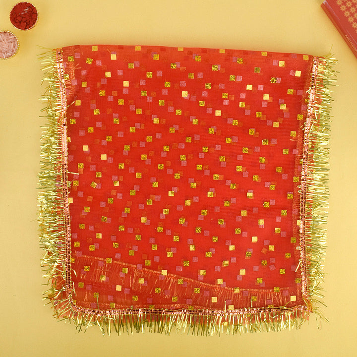 Traditional 25x10 inch Mata Chunni with elegant square dot design for Mata idol pooja – India’s Largest Pooja Accessories Brand – www.Satvikstore.in
