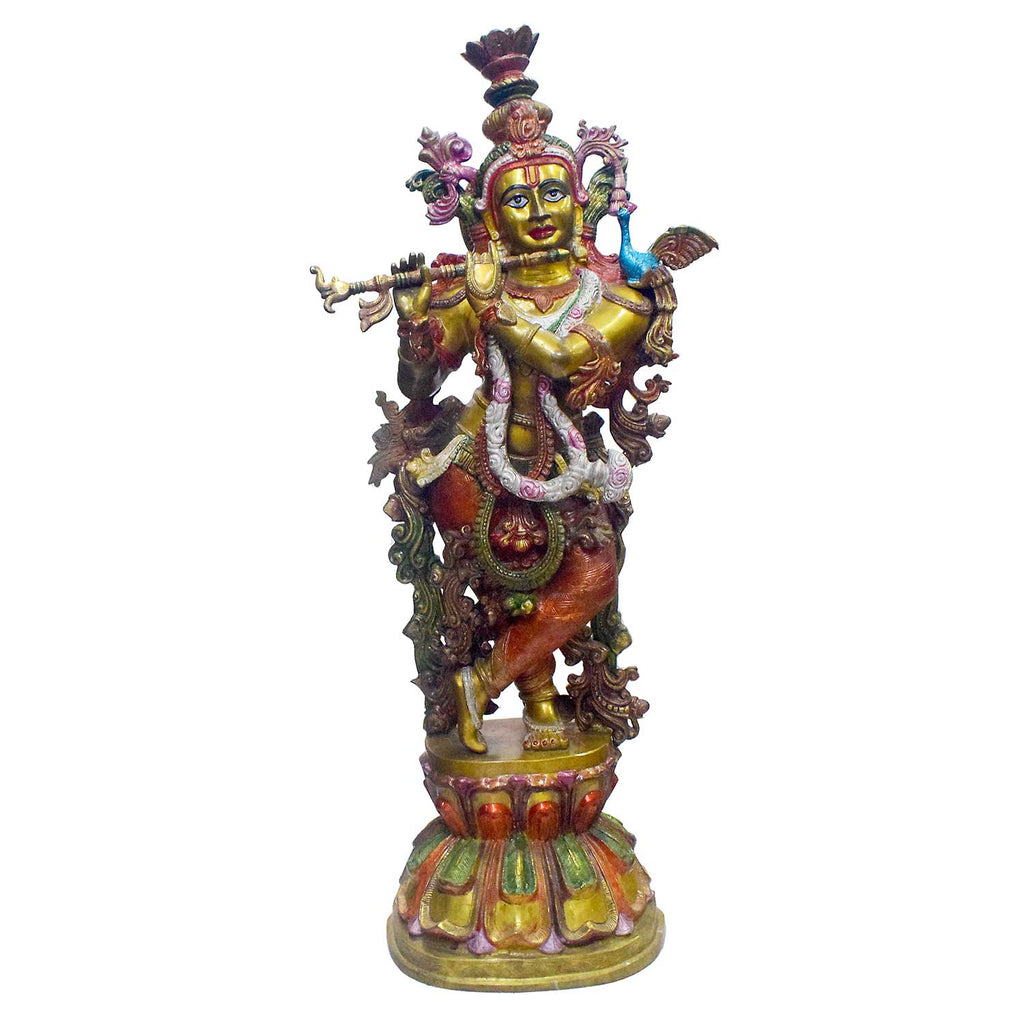 46 Inch Standing Brass Krishna Playing Flute Idol – Exquisite Representation of Divine Music, Love, and Serenity for Temple or Sacred Space Decor. India's Largest Puja Accessories Brand - Satvik No. 1 Brass Idol Collection 


