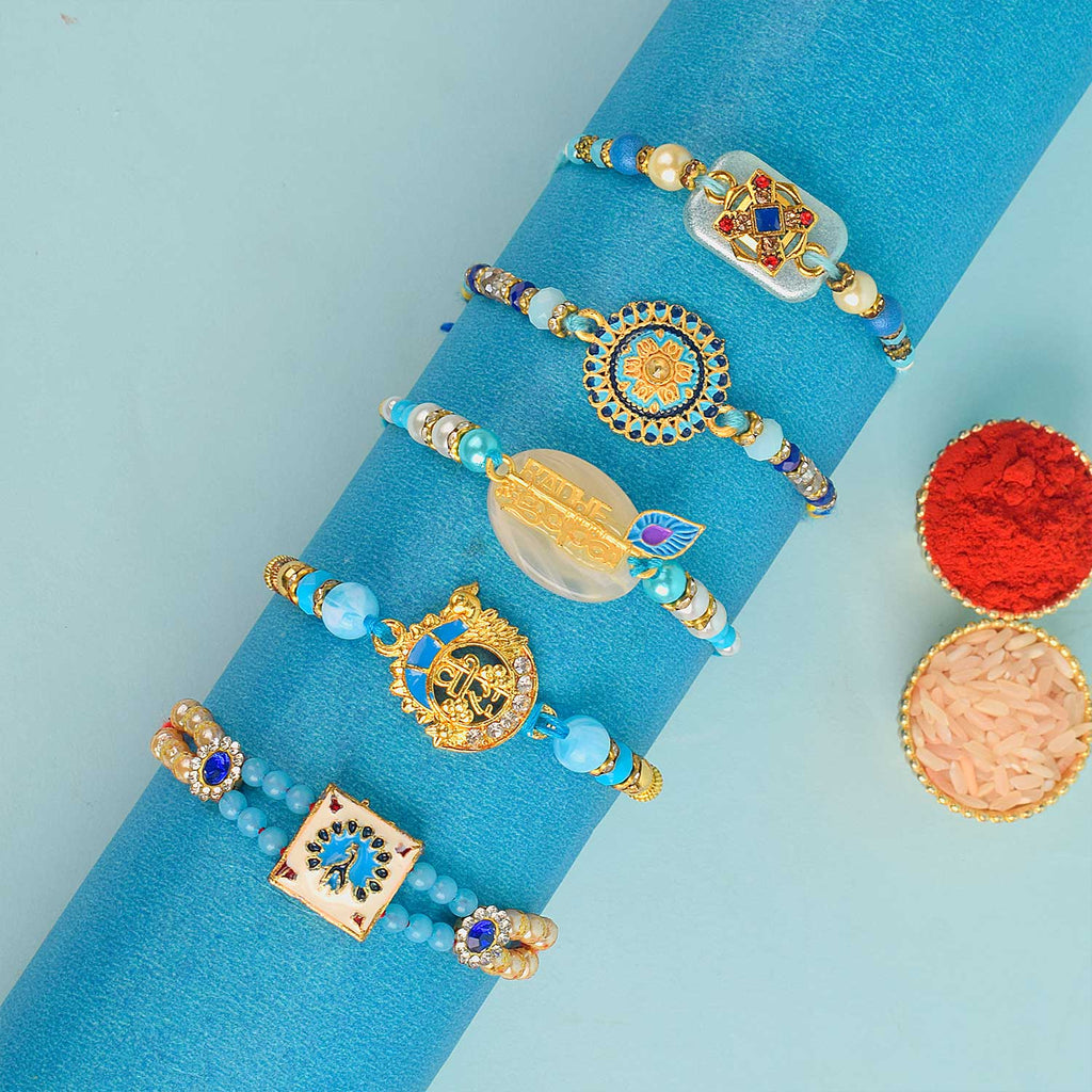 Set of 5 Designer Rakhi Threads with Roli Chawal and Ram Sita Stickers for Raksha Bandhan Celebration. India’s Largest Pooja Accessories Brand - www.satvikstore.in