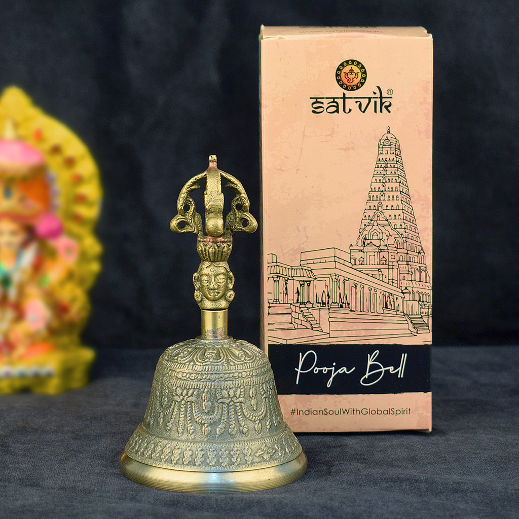 Tibetan Buddhist devotional bell crafted with intricate detailing, symbolizing spiritual harmony and used in meditation and rituals. India’s Largest Pooja Accessories Brand – www.satvikstore.in