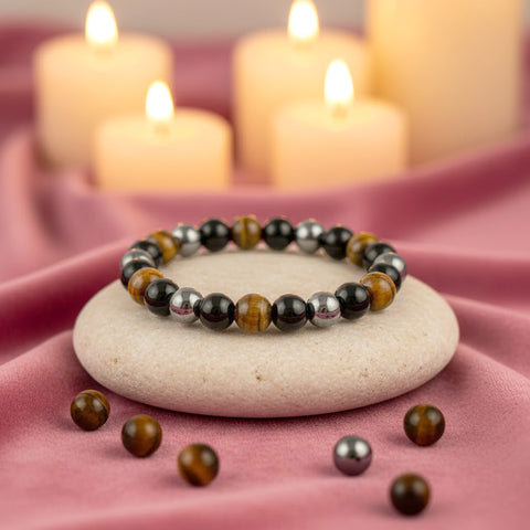 tripal protection healing stone bracelet with black tourmaline tiger eye hematite beads. India’s Largest Puja Accessories Brand- www.satvikstore.in