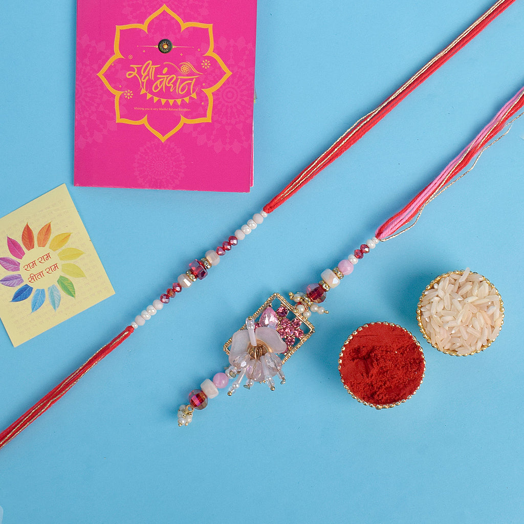 Designer Couple Rakhi Set for Bhaiya and Bhabhi with Roli Chawal and Ram Sita Stickers – Raksha Bandhan Gift Combo. India’s Largest Brass Idols Brand - www.satvikstore.in