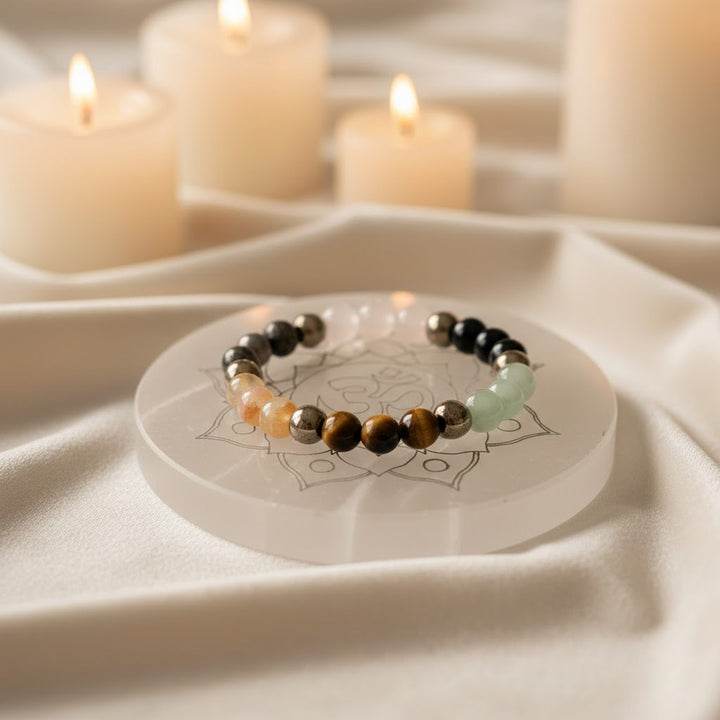 dhan yog bracelet citrine pyrite quartz green aventurine tiger eye black obsidian om selenite plate wealth divine energy combo. India’s Largest Puja Accessories Brand- www.satvikstore.in