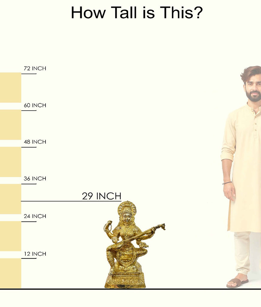 Handcrafted Large Brass Saraswati Idol | Best for VIP Gift & Big Premium Gift | Divine Goddess Saraswati Statue with Glossy Finish | 75 cm Height, 30.65 kg Weight | Best for Your Temple & Home Puja Decor | High-Quality Brass Murti for Worship | Premium Puja Collection by Satvikstore.in