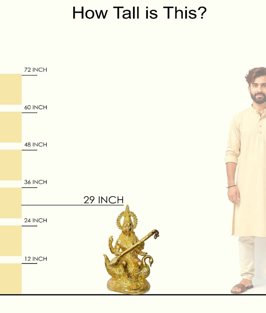 Handcrafted Brass Saraswati Idol for Home & Temple | Best for VIP Gift & Big Premium Gift | Large Goddess Saraswati Statue with Glossy Finish | 75 cm Height, 27.2 kg Weight | Best for Your Temple & Puja Decor | Premium Quality Brass Murti | India's Large Puja Accessories Brand - Satvikstore.in