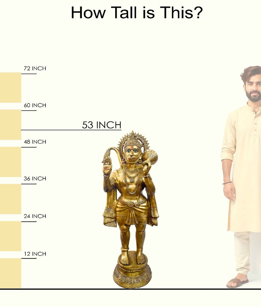 Handcrafted Brass Hanuman Idol for Home & Temple | Best for VIP Gift & Big Premium Gift | Large Standing Hanuman Statue with Glossy Finish | 135 cm Height, 69.6 kg Weight | Best for Your Temple & Puja Decor | Premium Quality Brass Murti | India's Large Puja Accessories Brand - Satvikstore.in