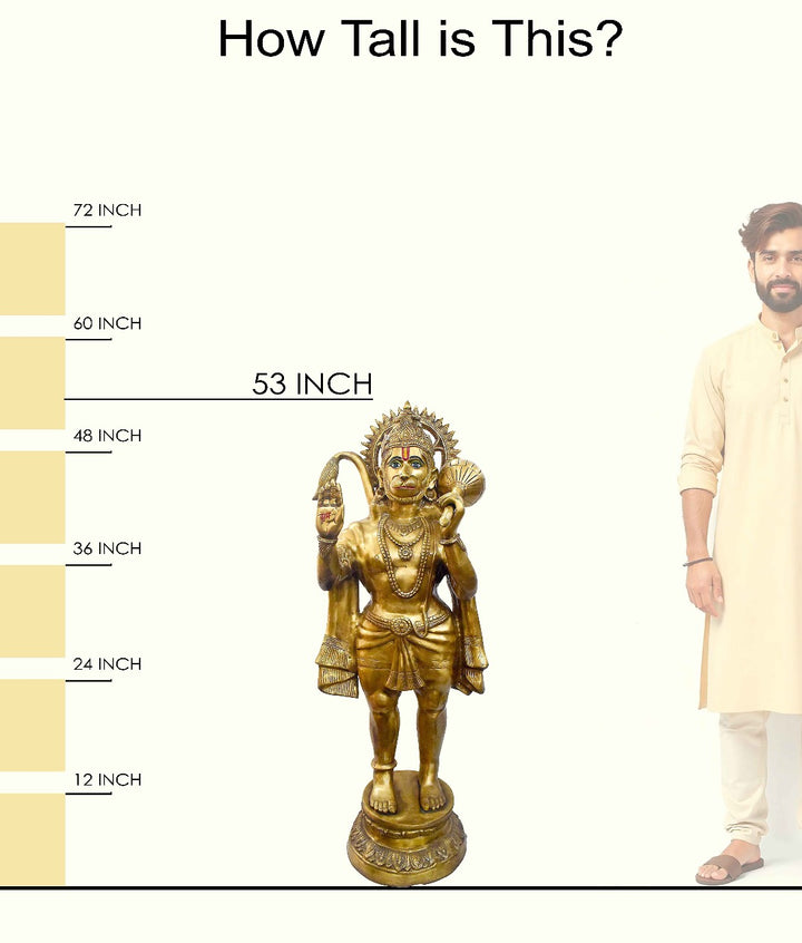 Handcrafted Brass Hanuman Idol for Home & Temple | Best for VIP Gift & Big Premium Gift | Large Standing Hanuman Statue with Glossy Finish | 135 cm Height, 69.6 kg Weight | Best for Your Temple & Puja Decor | Premium Quality Brass Murti | India's Large Puja Accessories Brand - Satvikstore.in