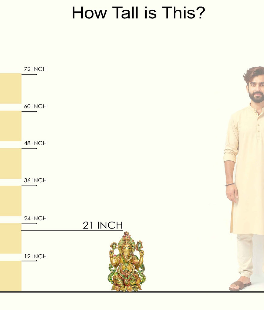 Temple-size brass Ganesha idol with glossy finish – 54 cm (21 inches) height, 37 cm (14.5 inches) length, and 20850 grams (20.85 kg) weight. This handcrafted temple size murti is made from high-quality brass, perfect for home temples, puja, and gifting. Buy premium temple size statues from India's Large Puja Accessories Brand - Satvikstore.in.
