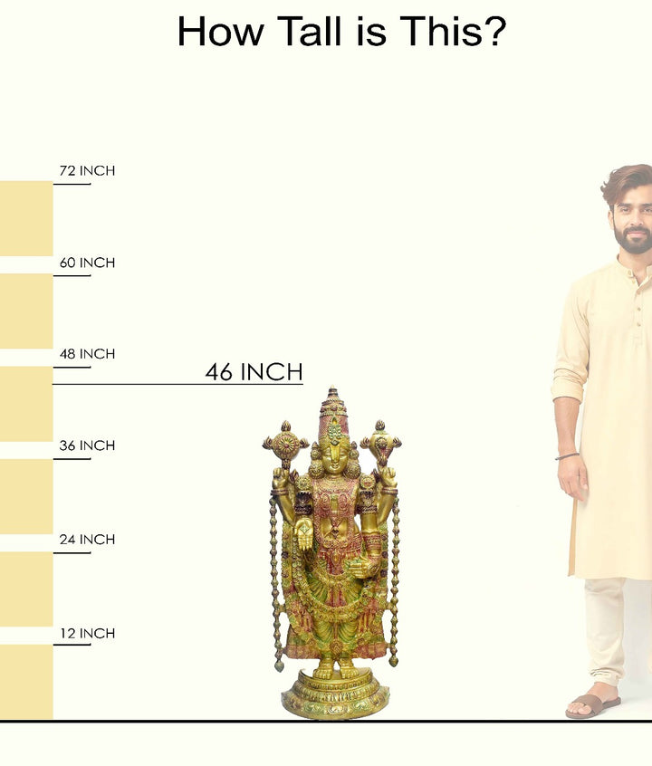 Handcrafted large brass standing statue of Lord Venkateswara (Balaji) with Shanku and Chakra, glossy finish, weight 45000 grams (45 kg), height 118 cm (approximately 46.46 inches), length 49 cm (approximately 19.29 inches). Best for VIP Gift, best for big premium gift, best for your temple. India's Large Puja Accessories Brand - Satvikstore.in