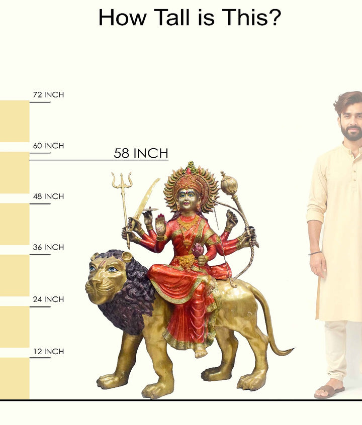 Handcrafted large brass statue of Goddess Durga riding her lion, holding multiple weapons including a trident, sword, and bow, glossy finish, weight 182000 grams (182 kg), height 149 cm (approximately 58.66 inches), length 125 cm (approximately 49.21 inches). Best for VIP Gift, best for big premium gift, best for your temple. India's Large Puja Accessories Brand - Satvikstore.in