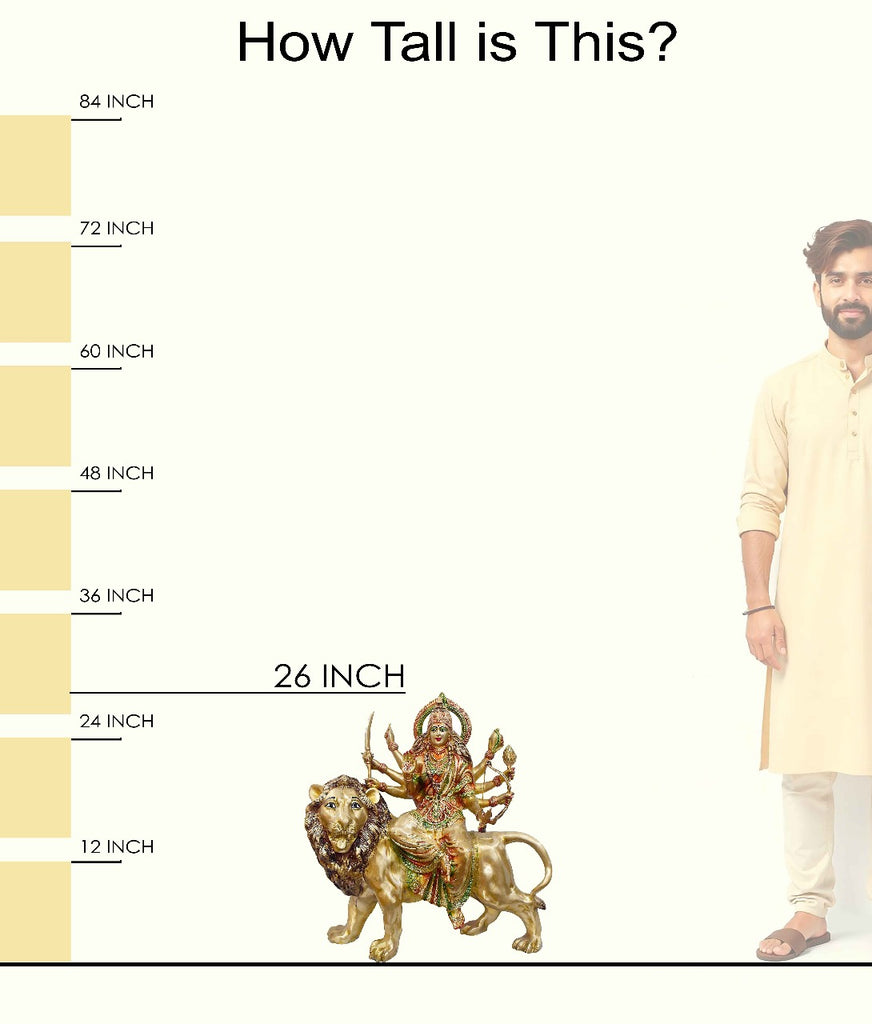 Handcrafted brass statue of Goddess Durga riding her majestic lion, holding various weapons including a sword and bow. Best for VIP Gift, best for big premium gift, best for your temple. India's Large Puja Accessories Brand - Satvikstore.in