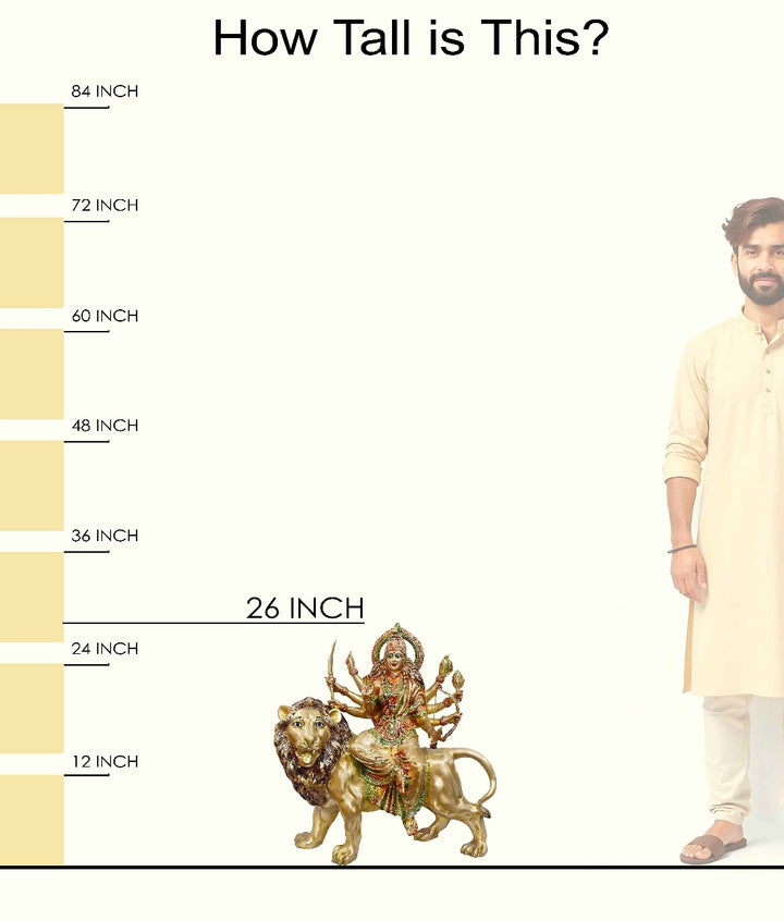 Handcrafted brass statue of Goddess Durga riding her majestic lion, holding various weapons including a sword and bow. Best for VIP Gift, best for big premium gift, best for your temple. India's Large Puja Accessories Brand - Satvikstore.in