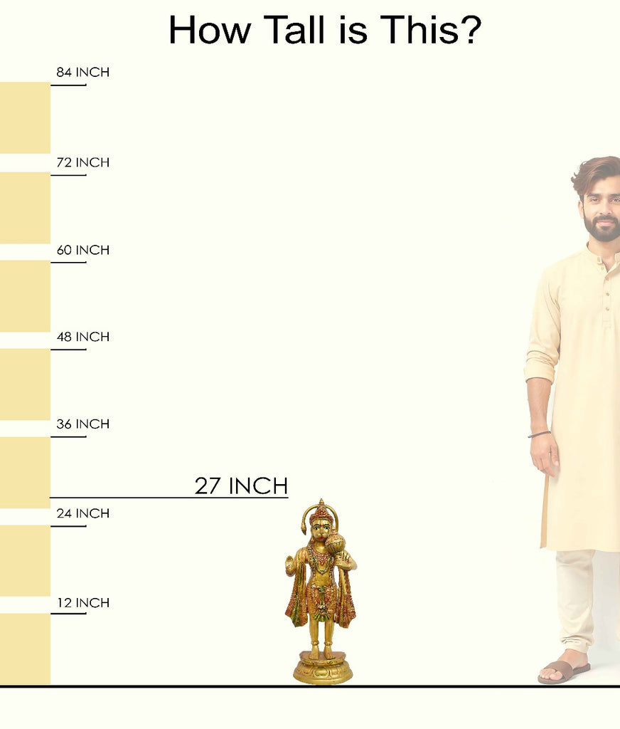 Handcrafted brass statue of Lord Hanuman standing with a gada (mace) and blessing gesture, glossy finish, weight 14550 grams, height 69 cm (approximately 27.17 inches), length 47 cm (approximately 18.5 inches). Best for VIP Gift, best for big premium gift, best for your temple. India's Large Puja Accessories Brand - Satvikstore.in