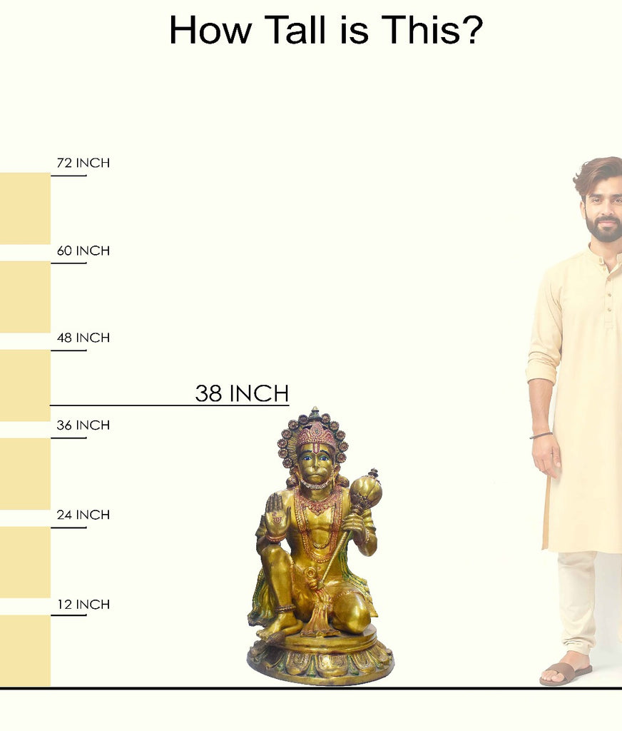 Handcrafted large brass statue of Lord Hanuman seated on a base, holding a gada (mace) and with a blessing gesture, glossy finish, weight 60000 grams (60 kg), height 97 cm (approximately 38.19 inches), length 45 cm (approximately 17.72 inches). Best for VIP Gift, best for big premium gift, best for your temple. India's Large Puja Accessories Brand - Satvikstore.in