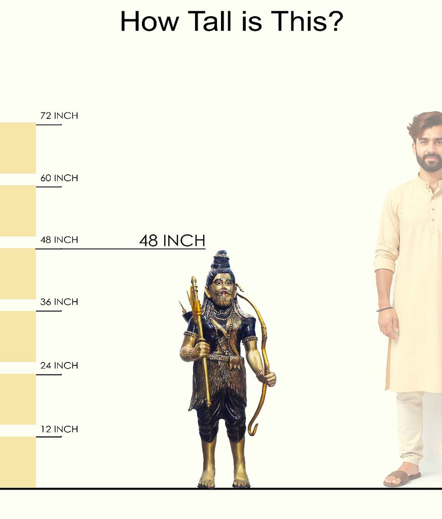 Handcrafted large brass statue of Lord Parashurama standing with a bow, arrow, and axe, glossy finish, weight 60000 grams (60 kg), height 123 cm (approximately 48.43 inches), length 40 cm (approximately 15.75 inches). Best for VIP Gift, best for big premium gift, best for your temple. India's Large Puja Accessories Brand - Satvikstore.in