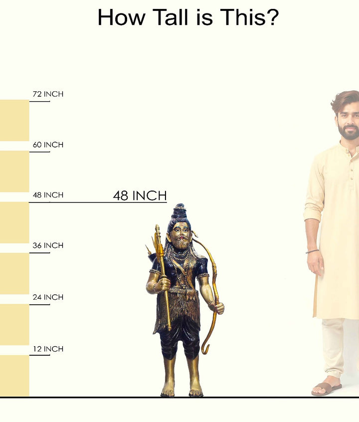 Handcrafted large brass statue of Lord Parashurama standing with a bow, arrow, and axe, glossy finish, weight 60000 grams (60 kg), height 123 cm (approximately 48.43 inches), length 40 cm (approximately 15.75 inches). Best for VIP Gift, best for big premium gift, best for your temple. India's Large Puja Accessories Brand - Satvikstore.in