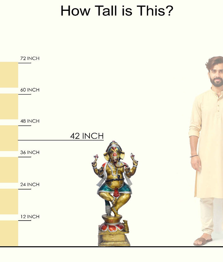Handcrafted large brass standing statue of Lord Ganesha holding a modak and lotus, glossy finish, weight 60000 grams (60 kg), height 107 cm (approximately 42.13 inches), length 50 cm (approximately 19.69 inches). Best for VIP Gift, best for big premium gift, best for your temple. India's Large Puja Accessories Brand - Satvikstore.in