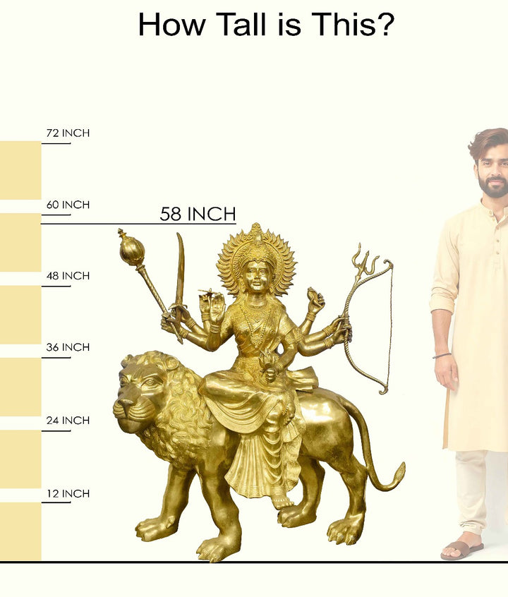 Handcrafted large brass statue of Goddess Durga riding her majestic lion, holding multiple weapons including a sword, trident, mace, and bow, glossy finish, weight 200000 grams (200 kg), height 149 cm (approximately 58.66 inches), length 143 cm (approximately 56.3 inches). Best for VIP Gift, best for big premium gift, best for your temple. India's Large Puja Accessories Brand - Satvikstore.in