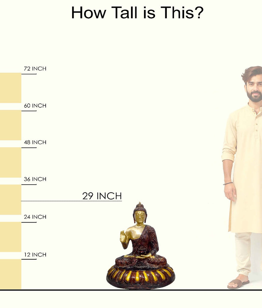 Handcrafted large brass statue of Buddha seated in the Abhaya Mudra (gesture of fearlessness and protection) on an ornate lotus pedestal with a dark finish, glossy accents, weight 50000 grams (50 kg), height 75 cm (approximately 29.53 inches), length 64 cm (approximately 25.2 inches). Best for VIP Gift, best for big premium gift, best for your meditation space, symbol of peace and enlightenment. India's Large Puja Accessories Brand - Satvikstore.in