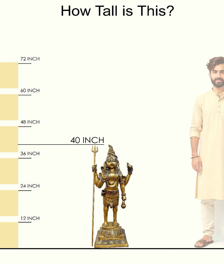 Handcrafted large brass standing statue of Lord Shiva holding a Trishul and Damaru, glossy finish, weight 32400 grams, height 102 cm, length 41 cm. Best for VIP Gift, best for big premium gift, best for your temple. India's Large Puja Accessories Brand - Satvikstore.in