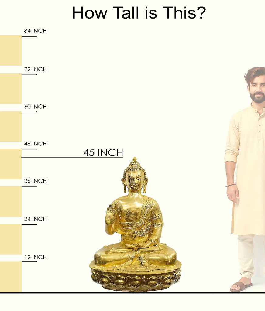 Handcrafted large brass statue of Buddha seated in a teaching pose (Dharmachakra Mudra) on a lotus pedestal, glossy finish, weight 86000 grams, height 115 cm, length 81 cm. Best for VIP Gift, best for big premium gift, best for your meditation space, symbol of peace and enlightenment. India's Large Puja Accessories Brand - Satvikstore.inHandcrafted large brass statue of Buddha seated in a teaching pose (Dharmachakra Mudra) on a lotus pedestal, glossy finish, weight 86000 grams, height 115 cm, length 81 cm. 